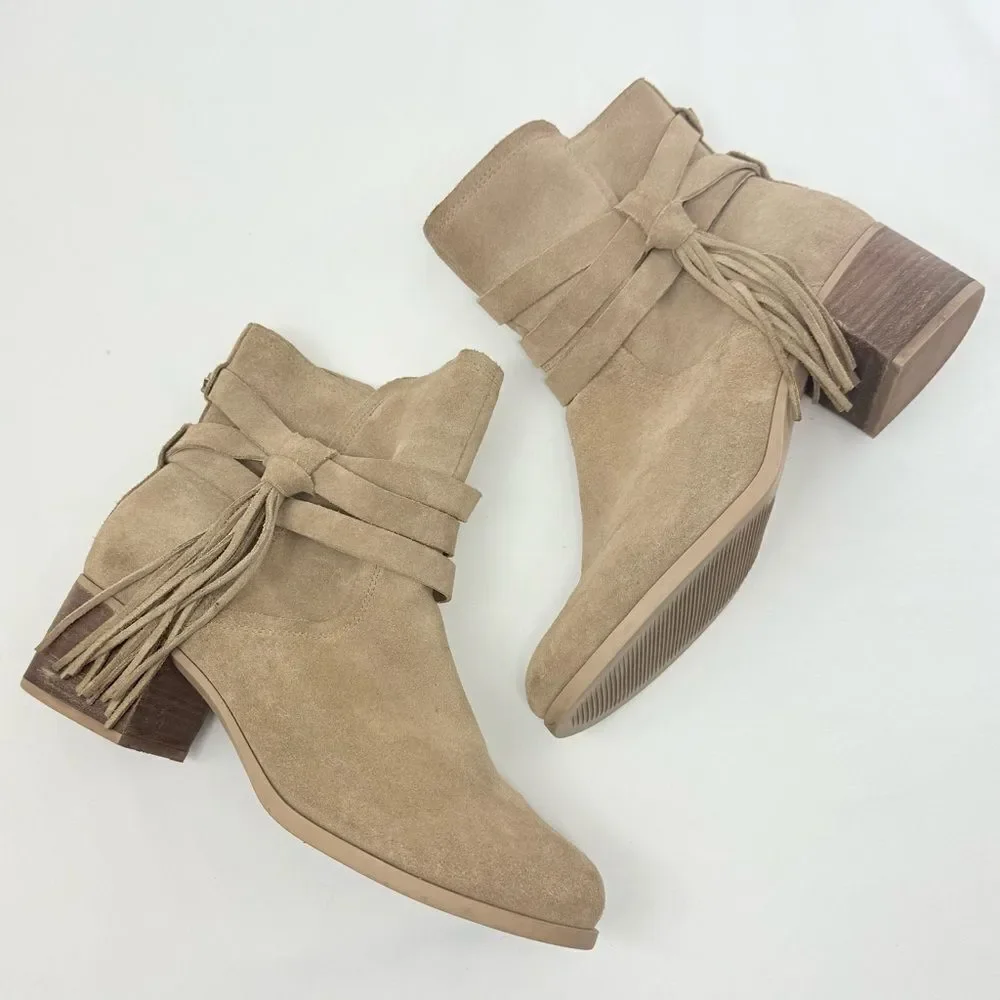 Kookaburra by UGG KENZ Taupe Suede Wrap Tassel Strap Heeled Ankle Boots